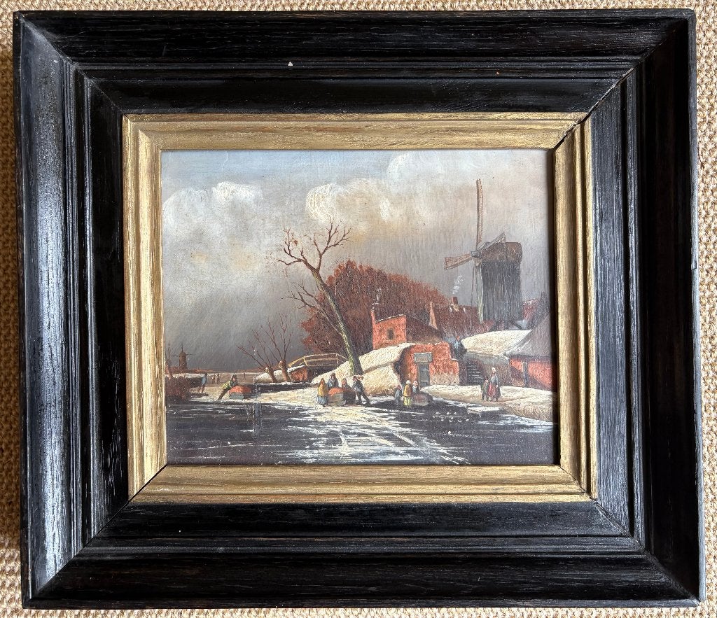 Mooi 19e eeuws winterlandschap, olieverf op houten paneel, Antiek en Kunst, Ophalen of Verzenden