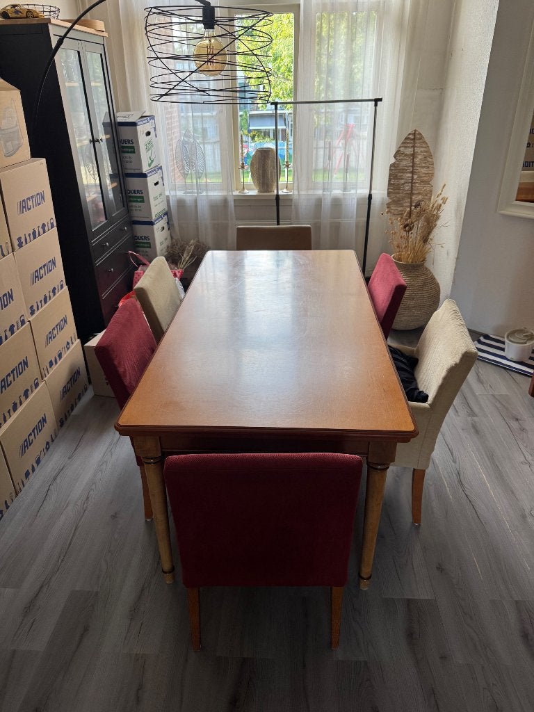 Eettafel met uitschuifbare bladen, Ophalen, Gebruikt, 50 tot 100 cm, Vijf personen of meer