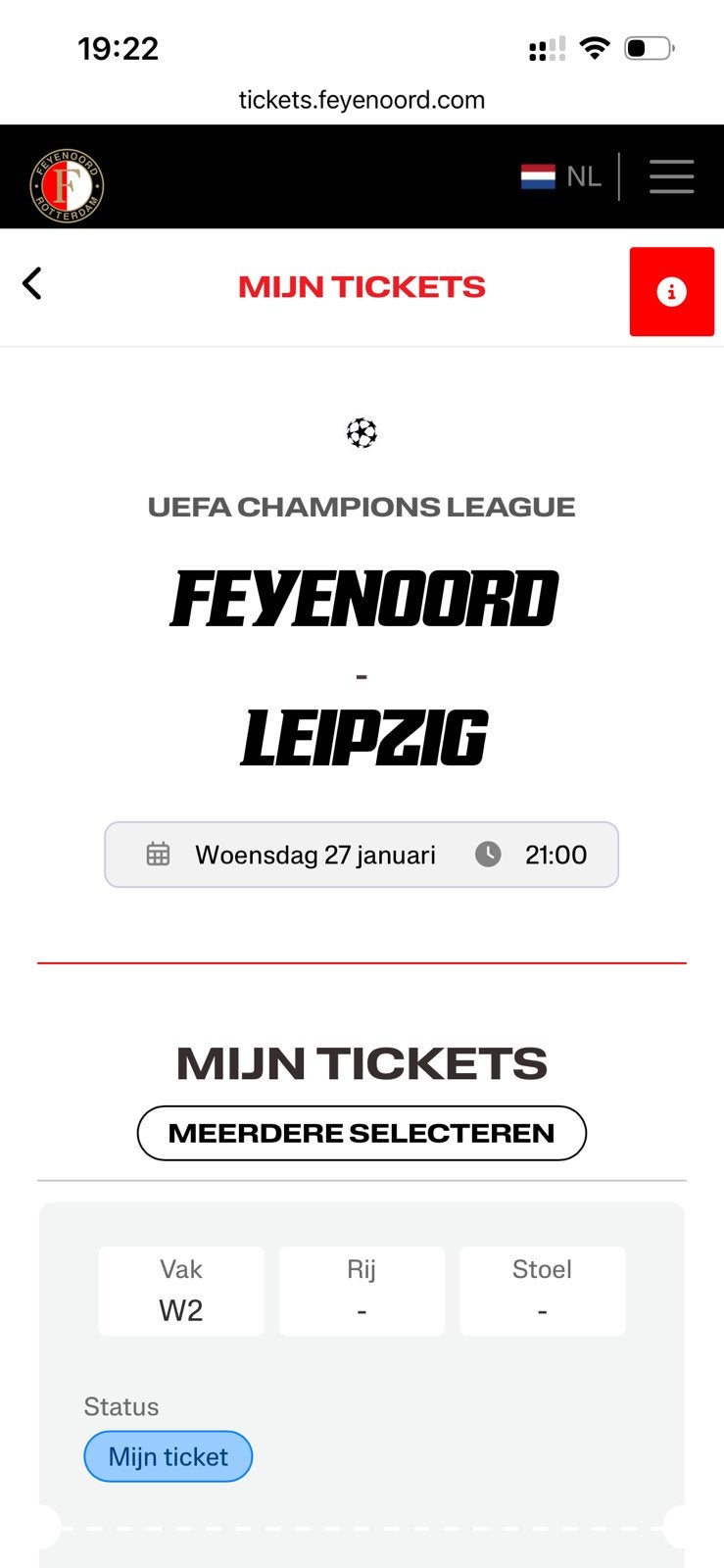 2x ticket vak W2 Feyenoord - Leipzig (27/1/27), Overige typen, Twee personen, Januari, Europa of Champions League