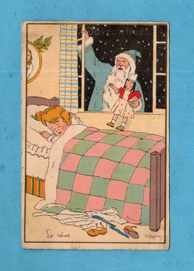 Oude gesign. kerstkaart W518 - Santa/popje/slapend kindje, Verzamelen, Ophalen of Verzenden, 1920 tot 1940, Ongelopen