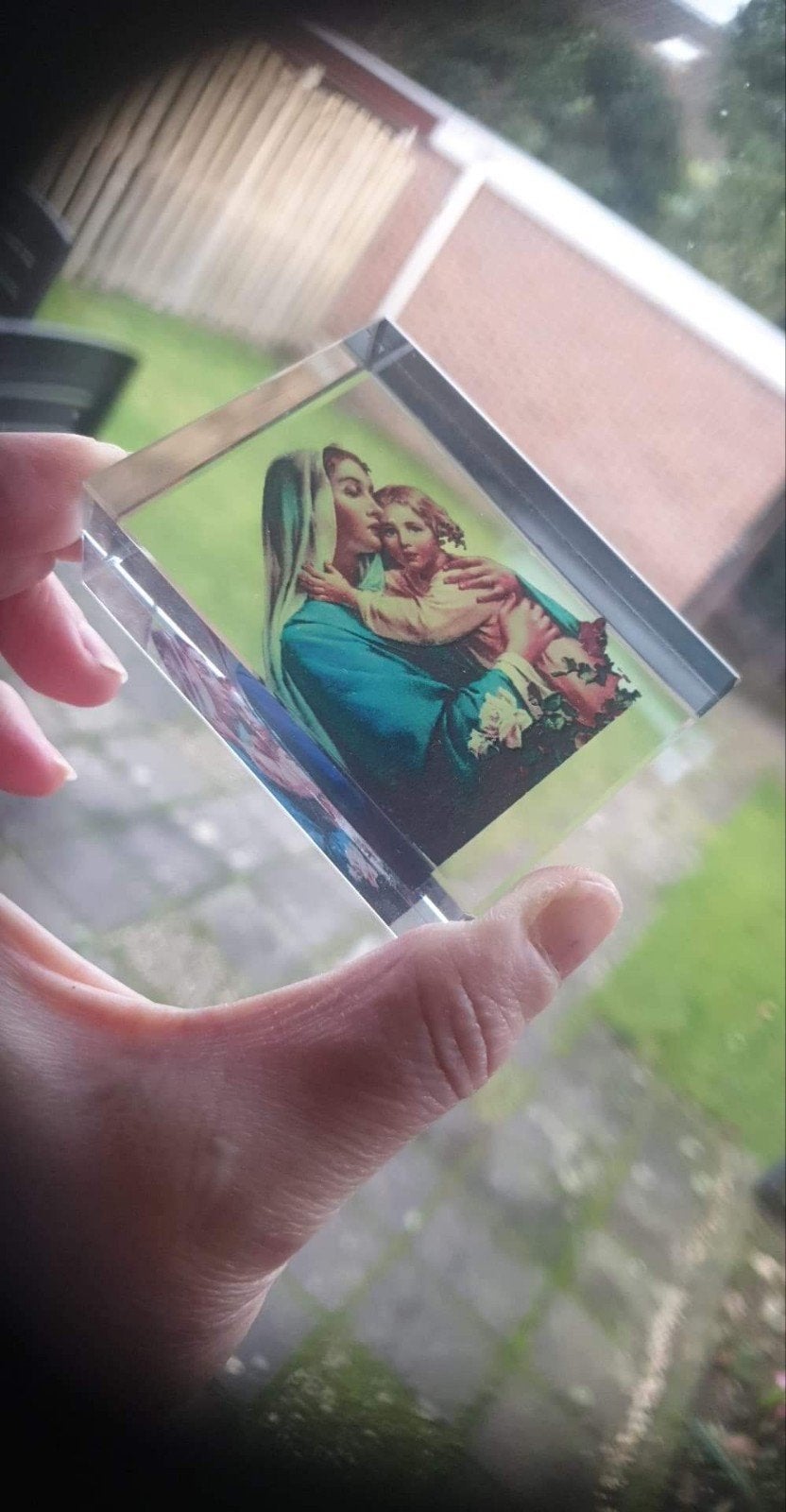 3D mooi Kristallen blok met afbeelding van Maria en Jezus., Ophalen of Verzenden
