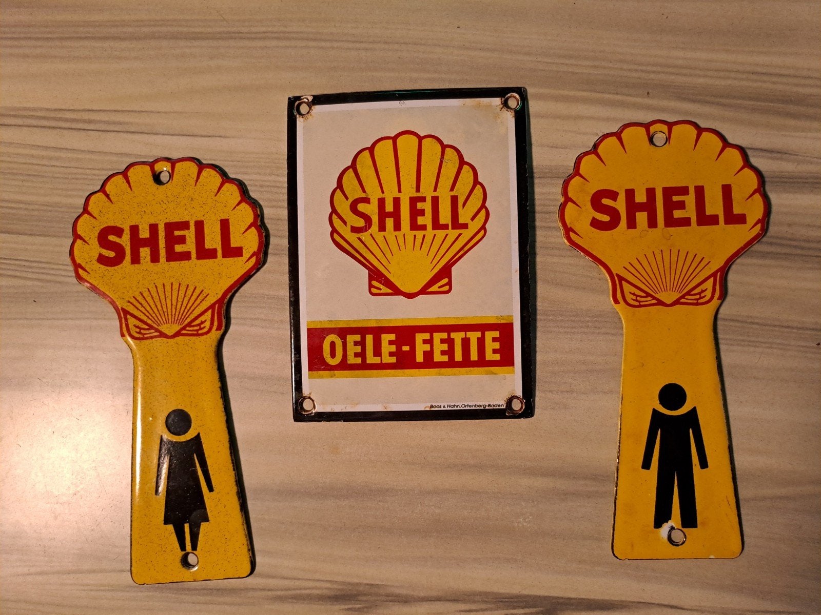 3 zeldzame oude emaille deurpostjes Shell, Verzamelen, Ophalen of Verzenden, Gebruikt, Reclamebord