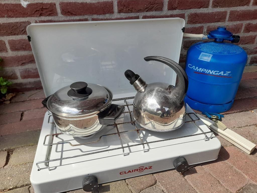 Campingaz 2 pits gasstel + gasfles + toebehoren, Caravans en Kamperen, Kampeeraccessoires, Ophalen, Gebruikt