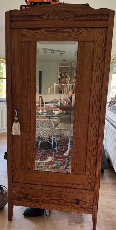 Antieke massief grenen spiegelkast met lade, Ophalen