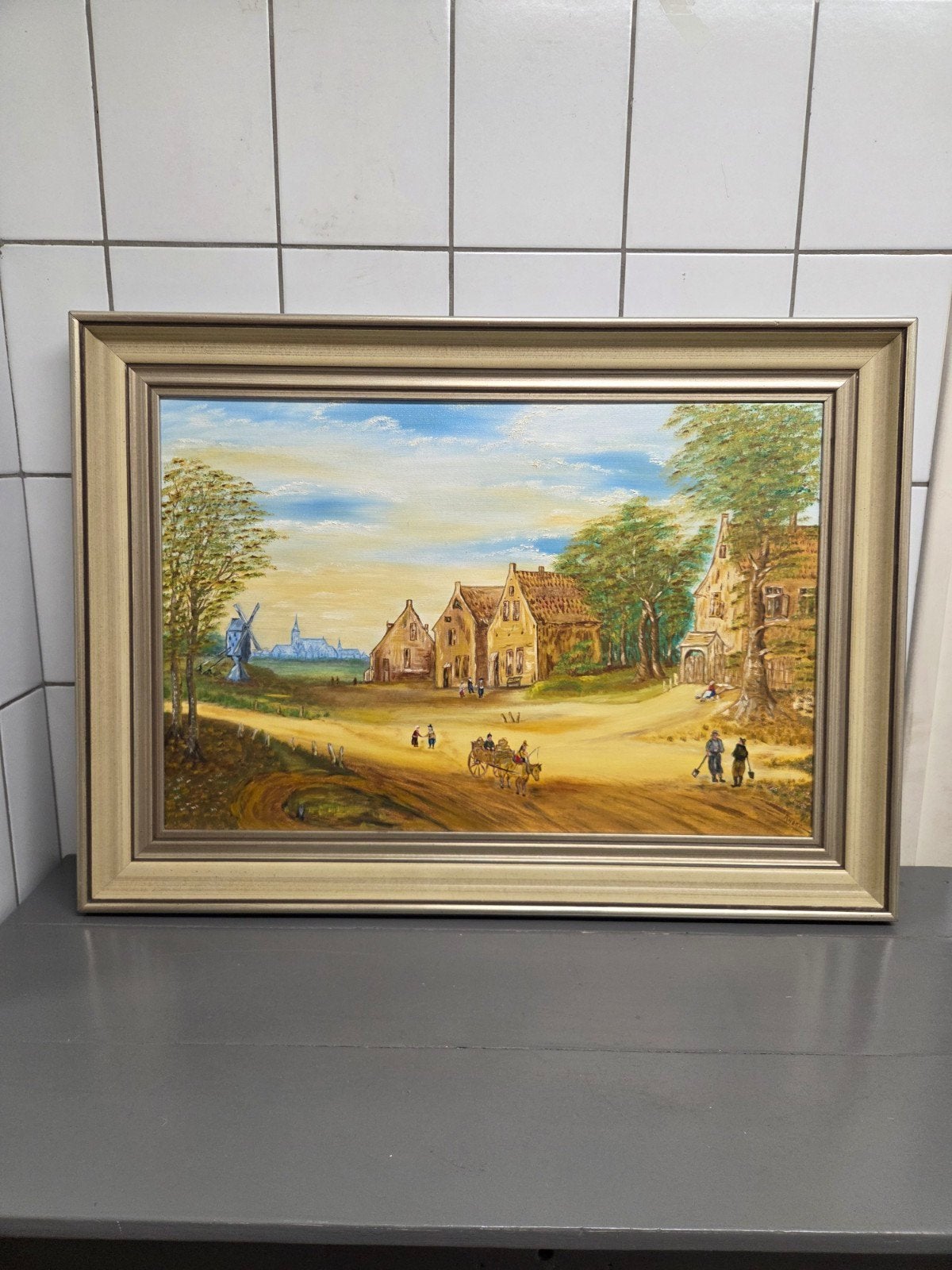 Schilderij Nederlands dorpsgezicht met een zandpad, Ophalen