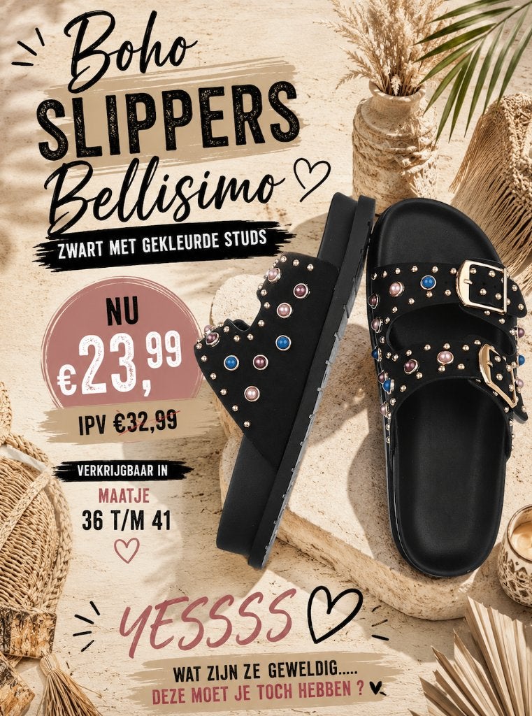 Boho Slippers Bellisimo Maat 37, Slippers, Zwart, Nieuw, Ophalen of Verzenden