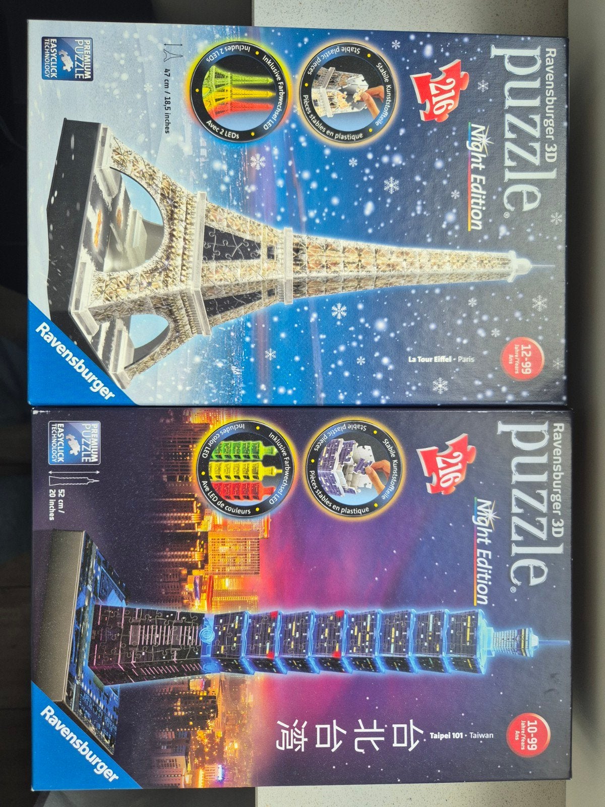Ravensburger 3D Puzzel Eiffeltoren & Taipei Night Edition, Ophalen of Verzenden, Meer dan 50 stukjes, Zo goed als nieuw, 6 jaar of ouder