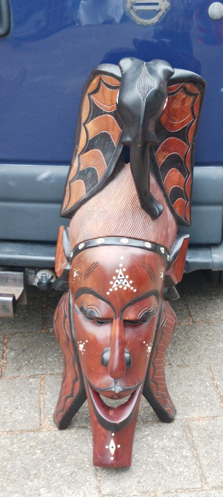 GROOT 120 CM AFRIKAANS HANDGESNEDEN MASKER HOOFD MET OLIFANT, Ophalen