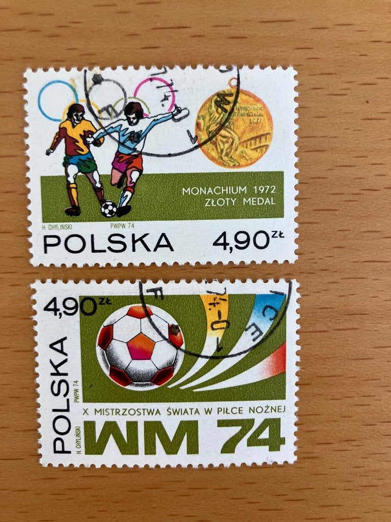 2 Postzegels Polen WK Voetbal uit 1974, Ophalen of Verzenden, Polen, Gestempeld