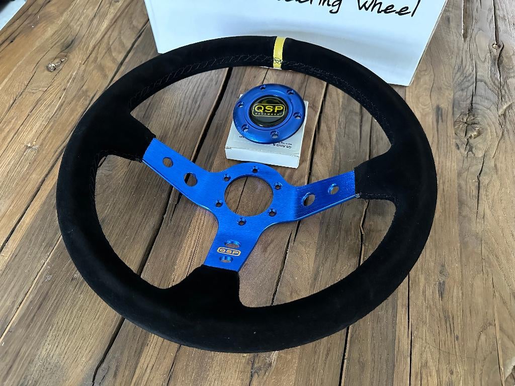 QSP 350mm 90mm suede blauw sportstuur autostuur stuur, Auto diversen, Tuning en Styling, Ophalen of Verzenden