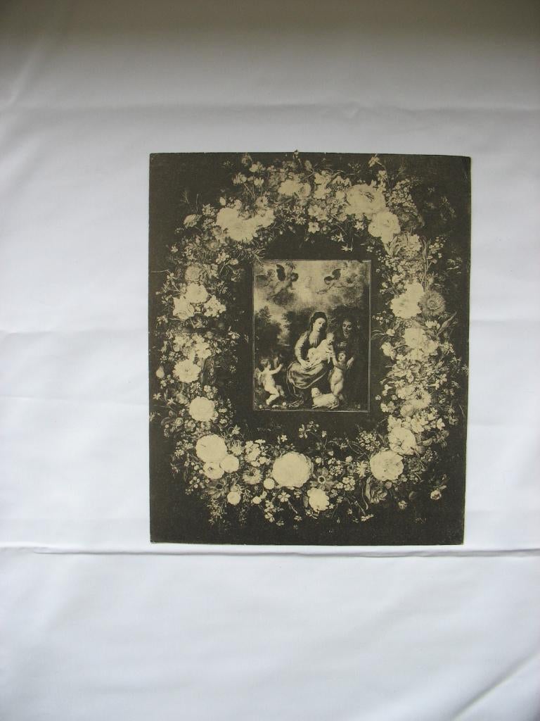 Prent Bloemenkrans *Heilige Familie *Elisabeth en Johannes, Antiek en Kunst, Ophalen of Verzenden