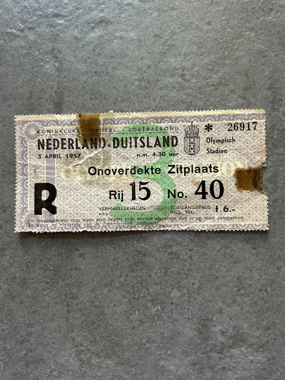Nederland - Duitsland 3 april 1957 Olympisch Stadion., Ophalen of Verzenden, Gebruikt, Overige typen