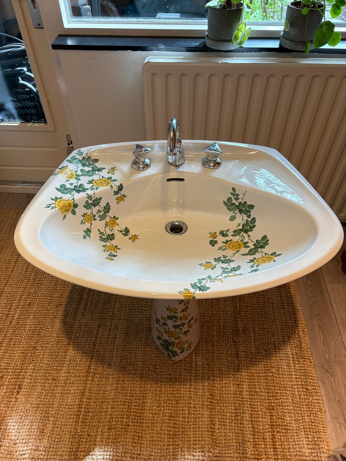 Vintage Lavenite wastafel met bloemmotief en zuil, Ophalen, Gebruikt