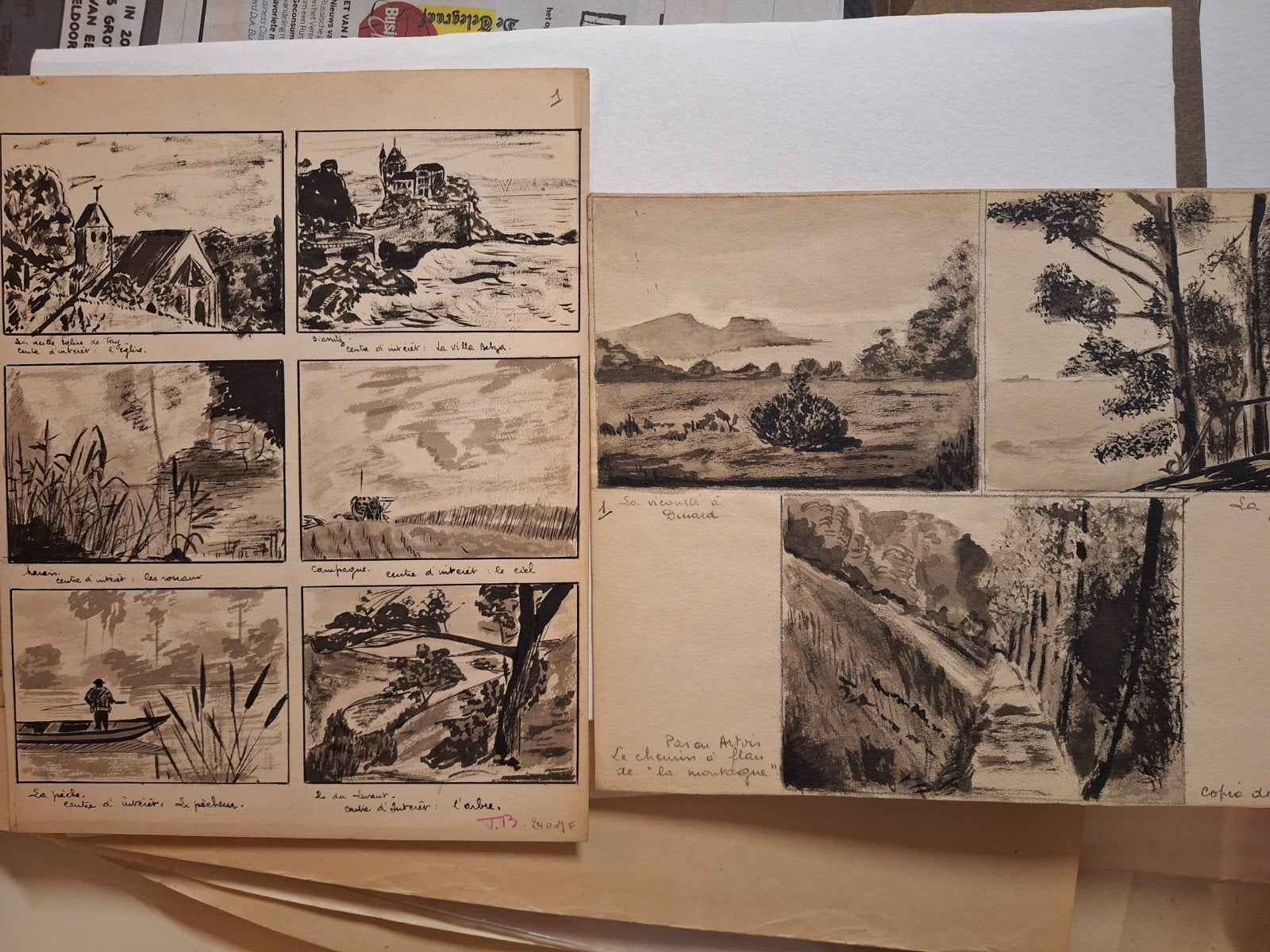 9 Franse inkttekeningen - Landschappen, Ophalen of Verzenden, Tekening, Pentekening, Origineel