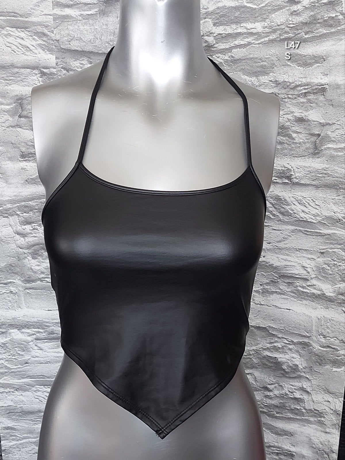 Kinky Zwarte Halter Top van pu leer - Maat S, Zwart, Ophalen of Verzenden, Onbekend, Zo goed als nieuw