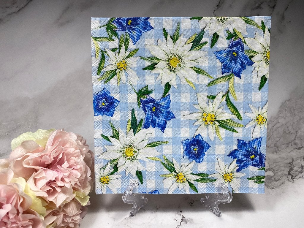 Knutsel servet edelweiss blauw witte bloemen decoupage 698, Ophalen of Verzenden, Nieuw, Knutselmateriaal