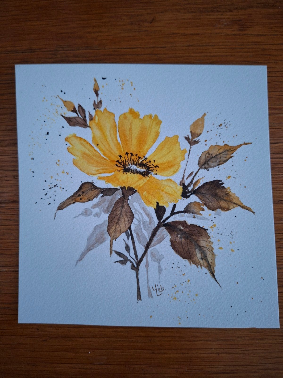 Aquarel "Gele Bloem", Minder dan 50 cm, Oorspronkelijke maker, Nieuw, Ophalen of Verzenden
