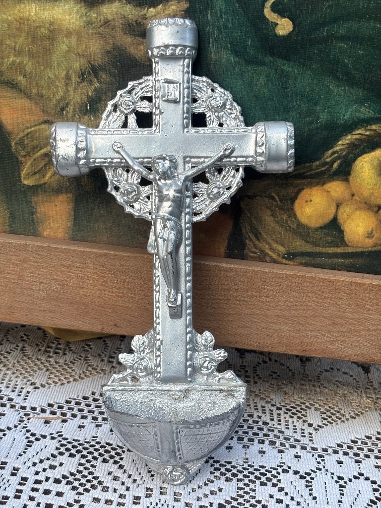 Vintage wijwaterbakje religie zilverkleurig, Ophalen of Verzenden