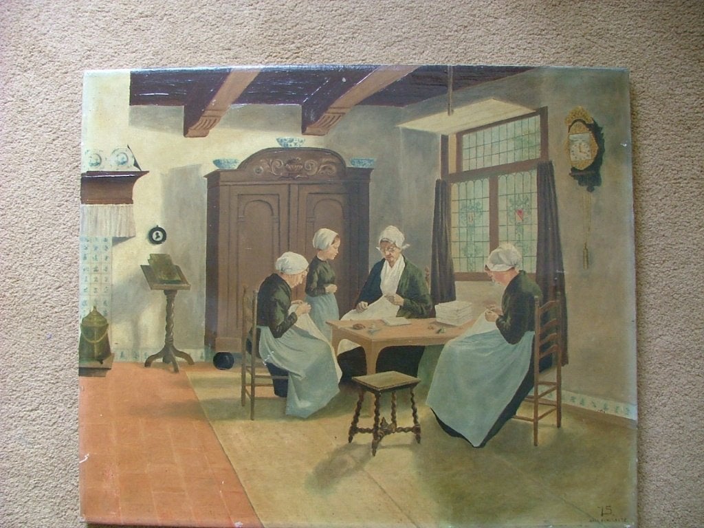 Schilderij naar Constant Artz naaikamer 19e eeuw 50 cm x 60, Antiek en Kunst, Kunst | Schilderijen | Klassiek, Portret of Personen