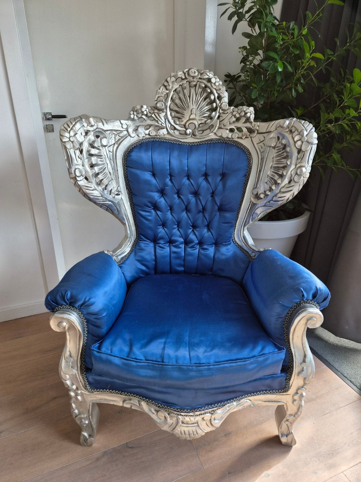 Barokke Troonstoel - Koningsblauw met Zilveren Frame, Antiek en Kunst, Ophalen
