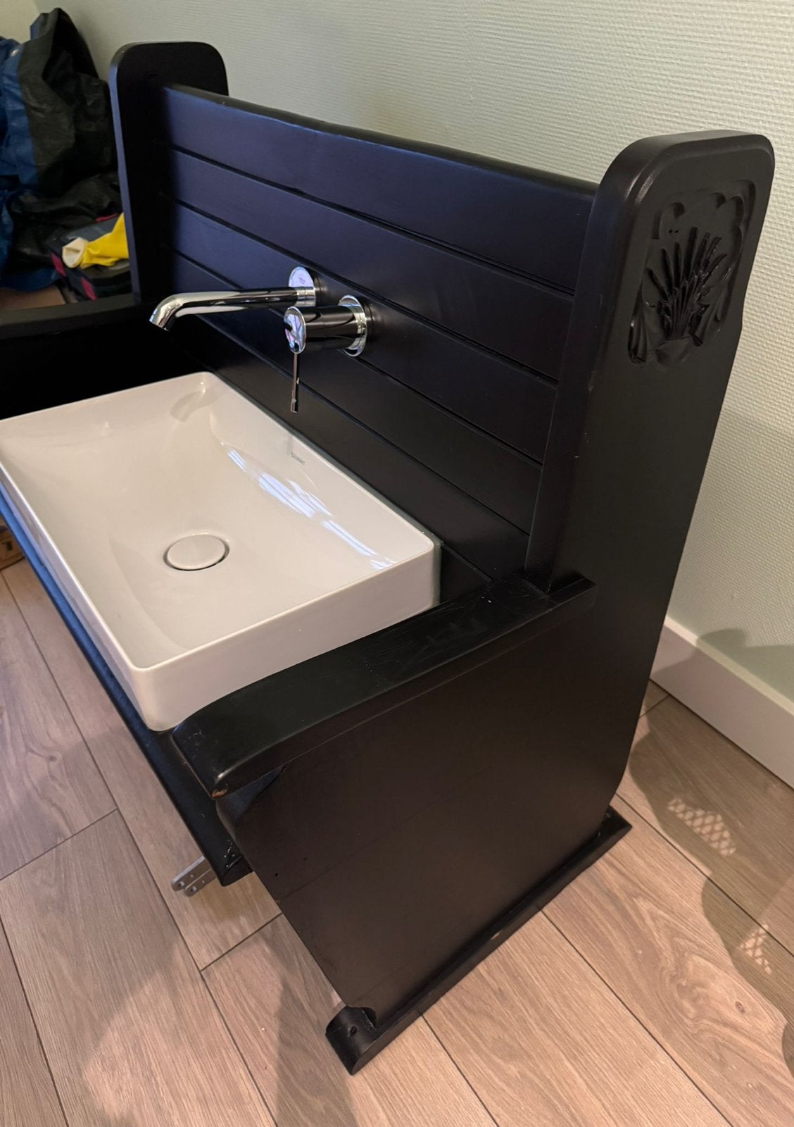 Uniek kerkbank wastafelmeubel duravit wastafel grohe kraan, Huis en Inrichting, Ophalen, 50 tot 100 cm, Zo goed als nieuw, Minder dan 100 cm
