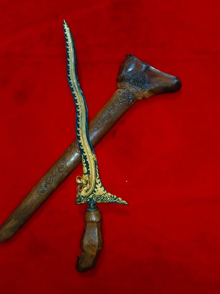 Antieke Keris Madura Naga Liong 5 Luk Kinatah Goud SVF68, Antiek en Kunst, Verzenden