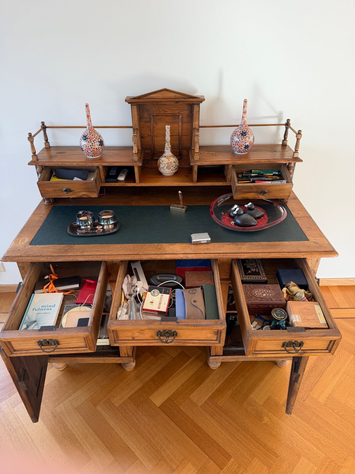 Antiek Houten Bureau met Opbouw en Leren Inleg, Ophalen