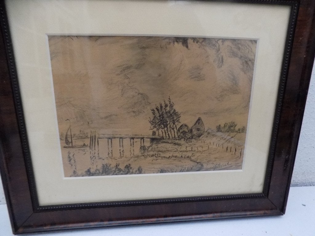 tekening riviergezicht met dijkhuis aanlegsteiger zeilboot, Ophalen of Verzenden, Gebruikt