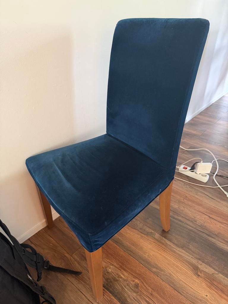 6x Donkerblauwe eetkamerstoelen met fluwelen bekleding, Huis en Inrichting, Stoelen, Ophalen, Gebruikt, Blauw, Vijf, Zes of meer stoelen