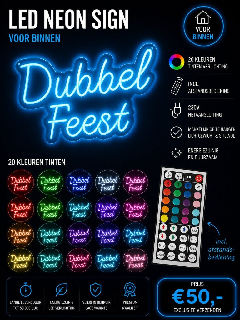 LED Neon Sign – Dubbel Feest – 20 kleuren, Ophalen of Verzenden, Zo goed als nieuw, Overige typen