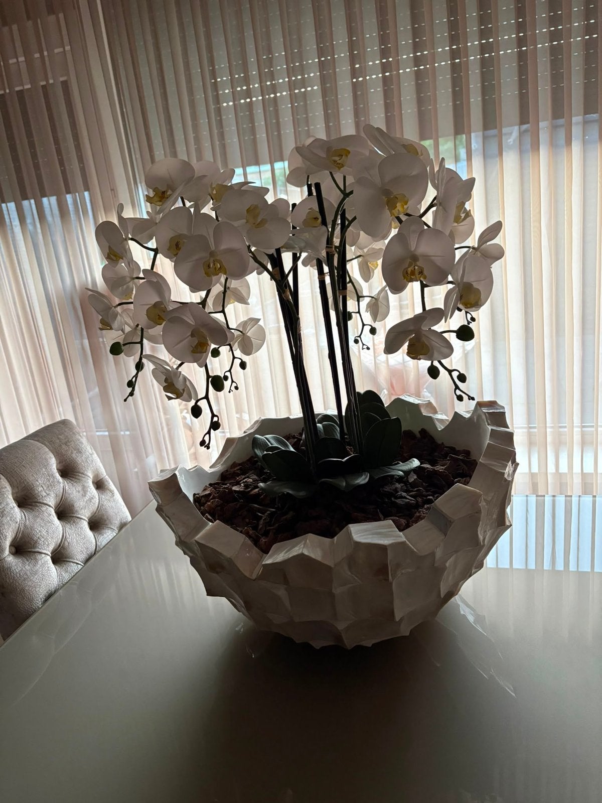 Luxe Schelpen Pot/Vaas met Orchideeën - Eric Kuster Stijl, Ophalen, Wit, Natuurlijk materiaal, Inclusief decoratie