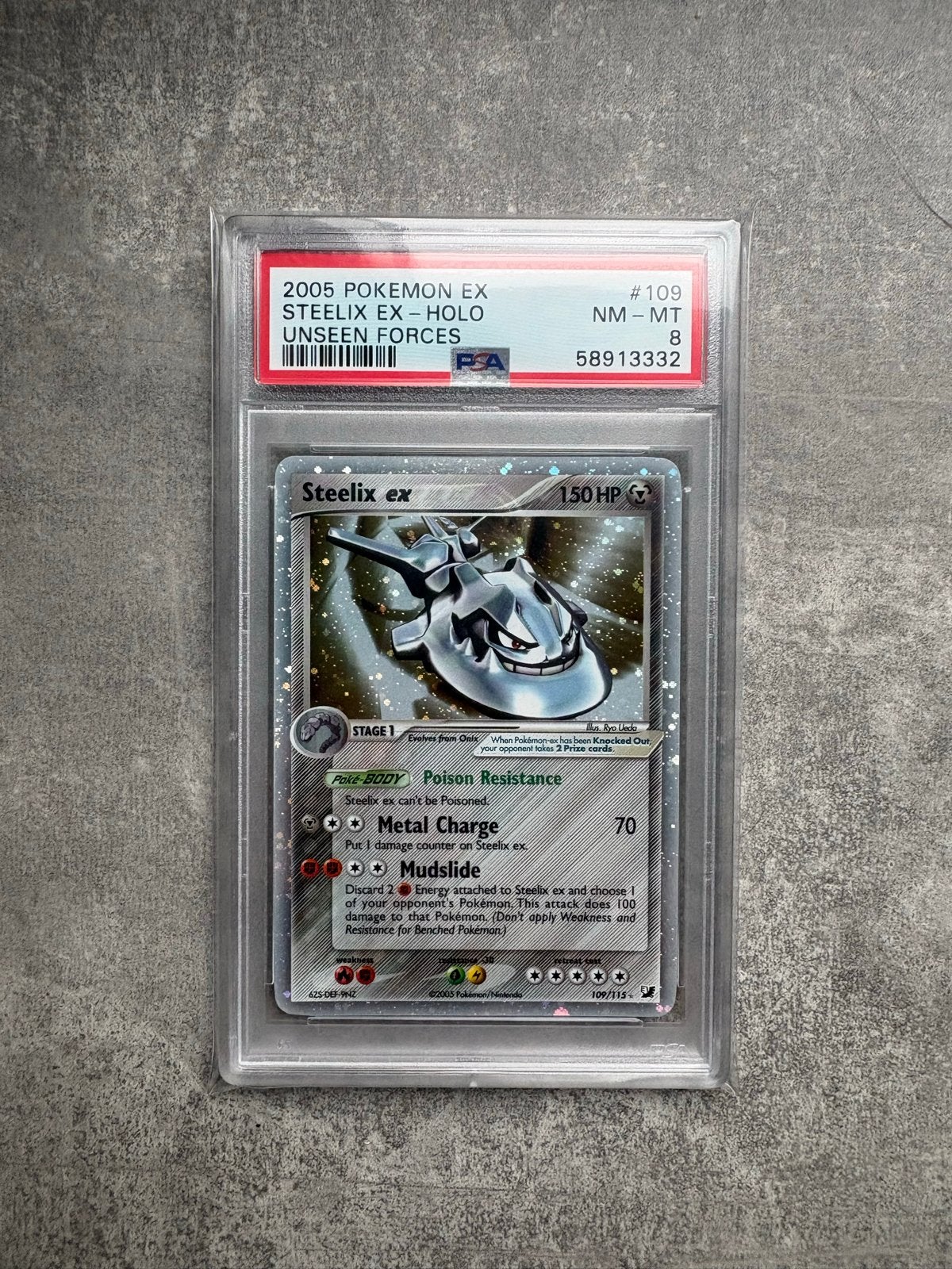 Pokémon Steelix ex Holo PSA 8 Unseen Forces 2005, Ophalen of Verzenden, Zo goed als nieuw, Losse kaart, Foil