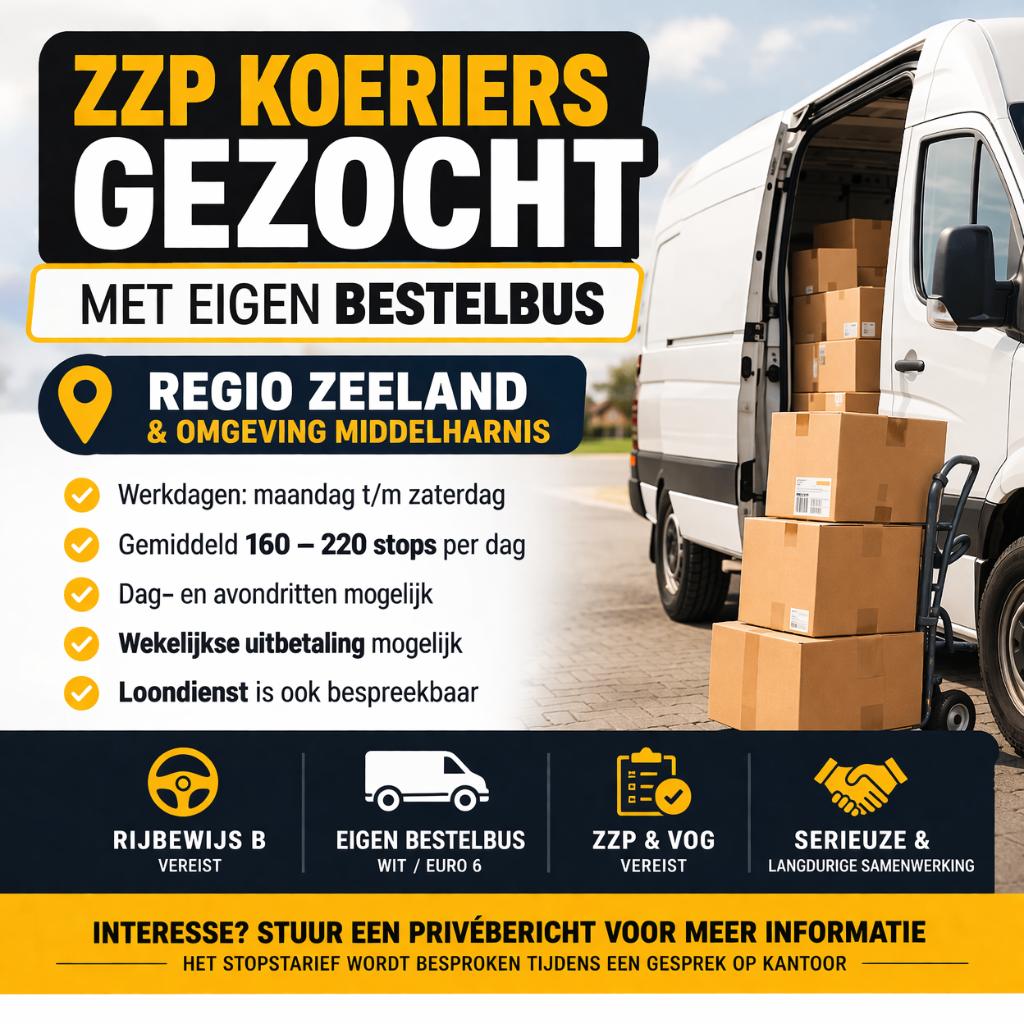 ZZP koeriers gezocht met eigen bestelbus, Vacatures, 33 - 40 uur, LBO / VMBO, Vanaf 1 jaar, Freelance of Uitzendbasis