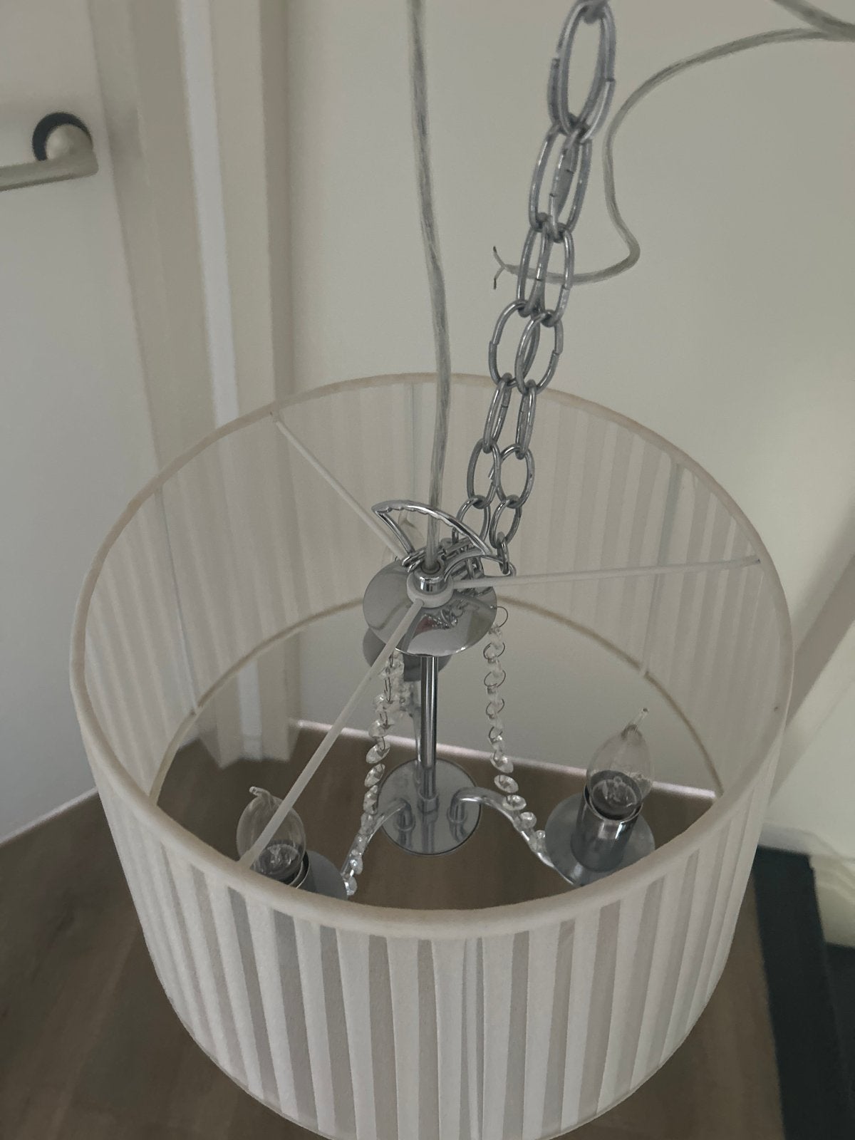 Hanglamp met stoffen kap en kristallen details, Ophalen, Gebruikt, Metaal, E14 (klein)