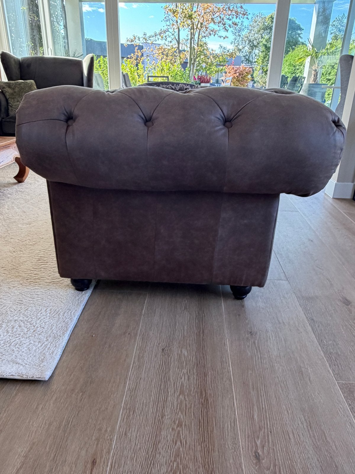 Chesterfield bank en fauteuil taupe, Ophalen, Gebruikt, Driepersoons, 75 tot 100 cm