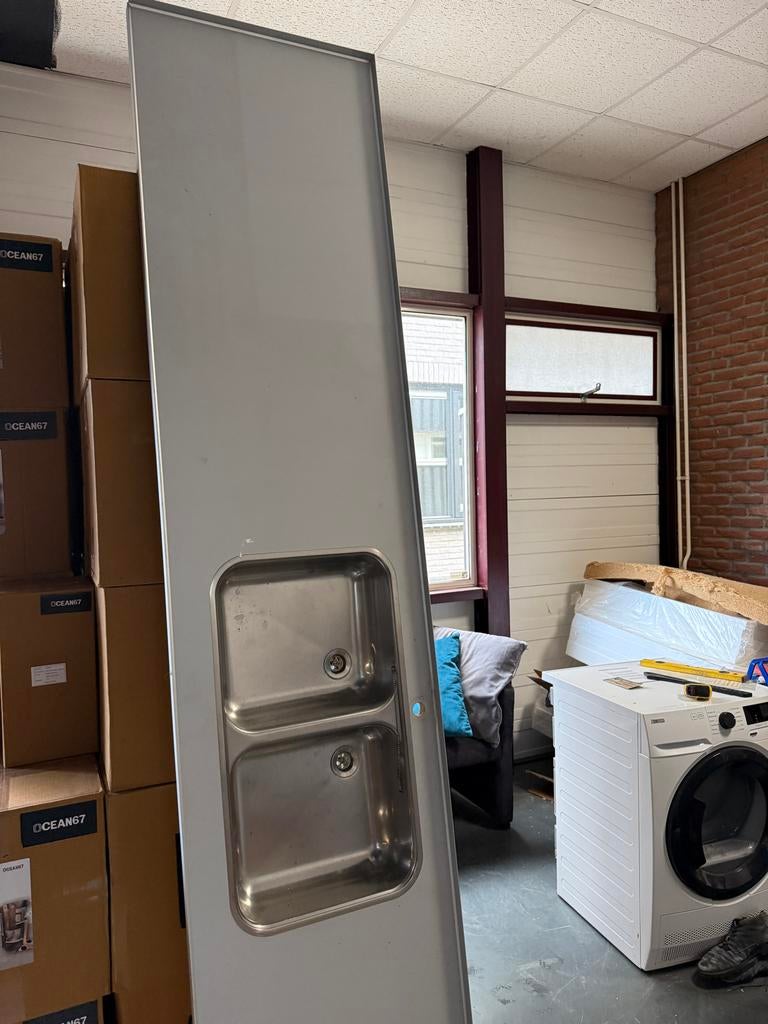 Keukenblad met dubbele spoelbak - 2.72m lang, Huis en Inrichting, Keuken | Keukenelementen, Ophalen, Gebruikt, Grijs, 200 cm of meer