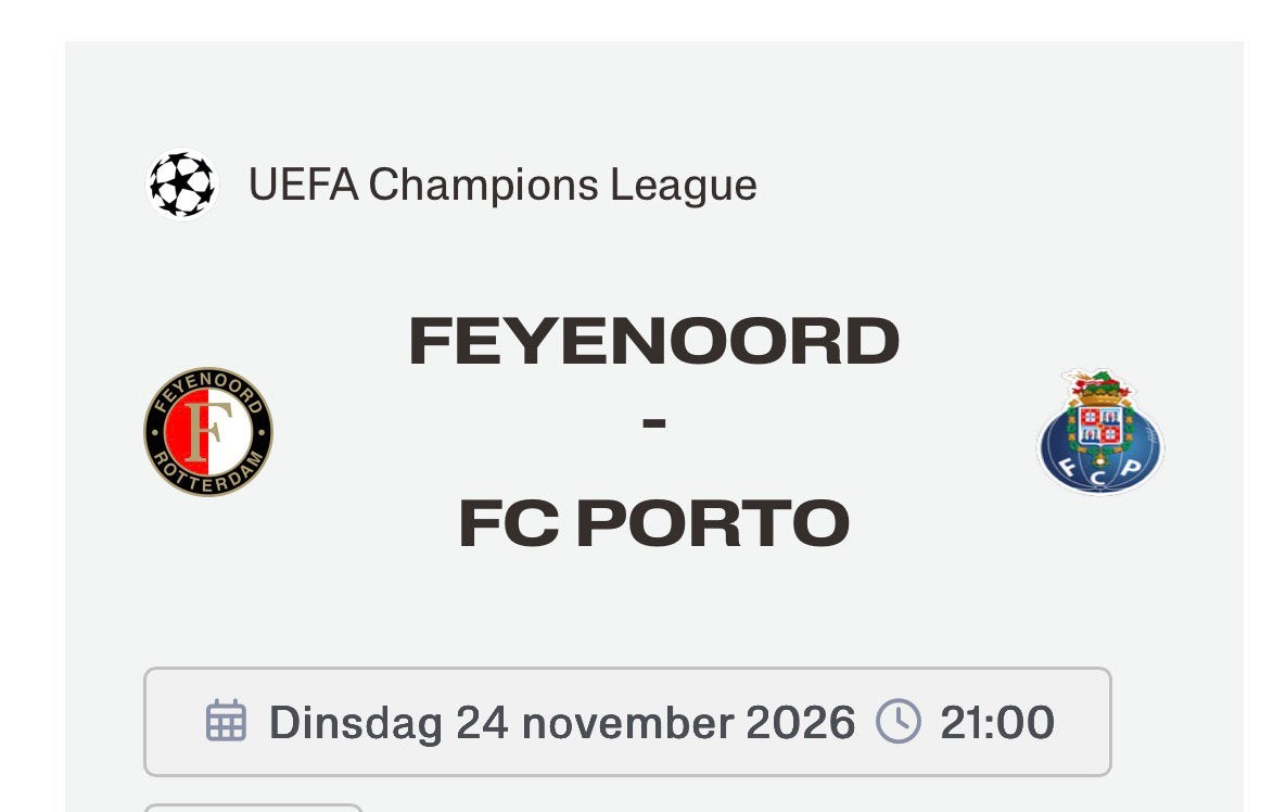 2 kaarten Feyenoord - FC Porto, Losse kaart, Twee personen, November, Europa of Champions League
