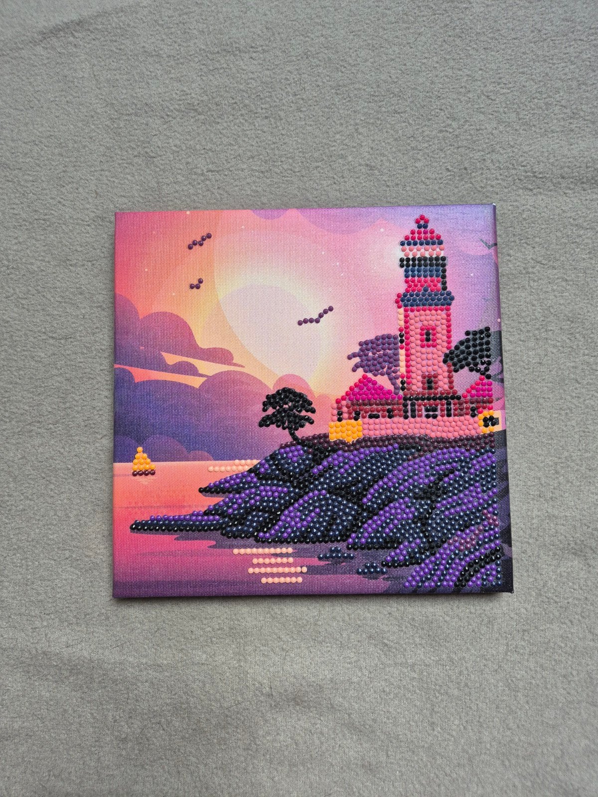 Diamond Painting Schilderij Vuurtoren Zonsondergang 20x20, Diamond painting, Meerkleurig, Ophalen of Verzenden, Zo goed als nieuw