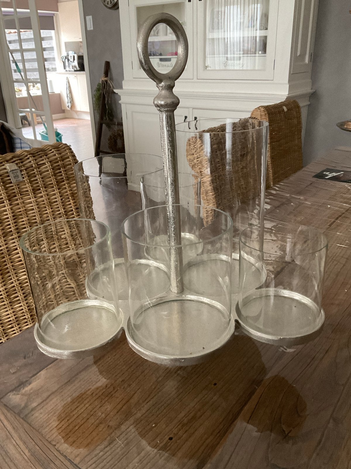 Rivièra maison Kandelaar met Glazen Windlichten, Huis en Inrichting, Woonaccessoires | Overige, Ophalen, Zo goed als nieuw, Zilver