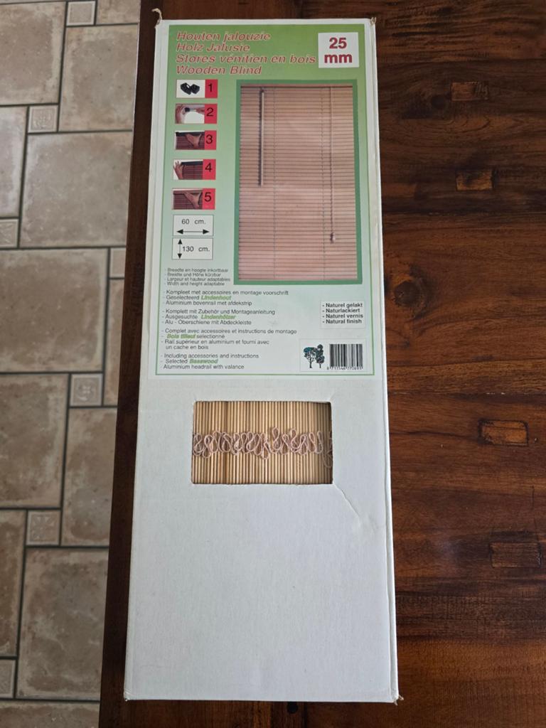 Houten jaloezie 25mm naturel gelakt, Minder dan 80 cm, Overige typen, Minder dan 200 cm, Nieuw