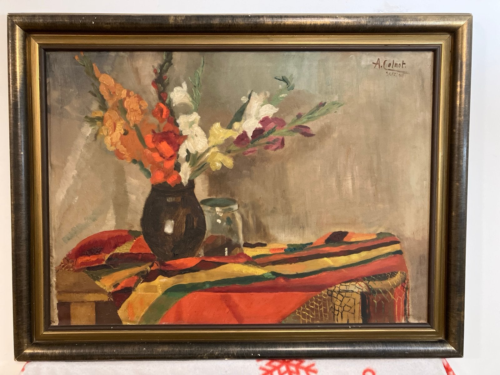 A. Colnot - Stilleven met gladiolen, olieverf op doek, Gedateerd, Doek, Stilleven, Ophalen of Verzenden