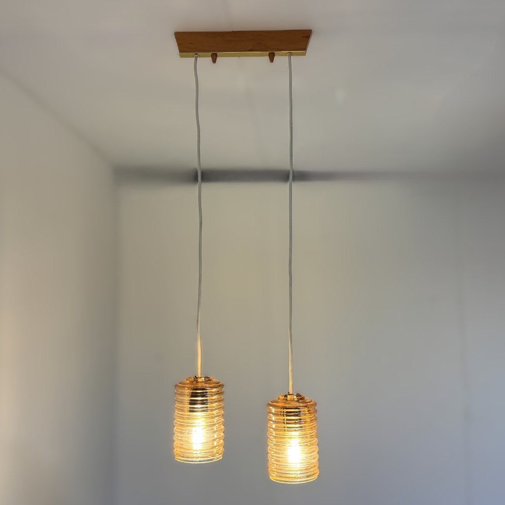 Vintage plafondlamp met twee amberkleurige kappen, D, Gebruikt, Vintage, Glas