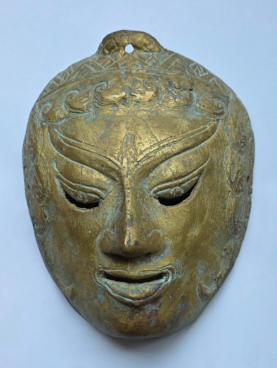 Antiek Javaans Kelana theatermasker, brons, Indonesië, Antiek en Kunst, Handgemaakt, Ophalen of Verzenden, Indonesië, Brons