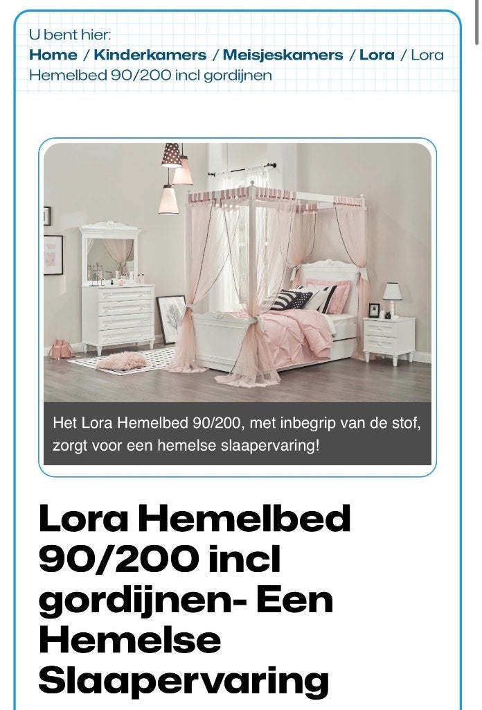Lora Hemelbed 90/200 incl gordijnen, 180 cm of meer, Ophalen, Lattenbodem, 100 cm of meer