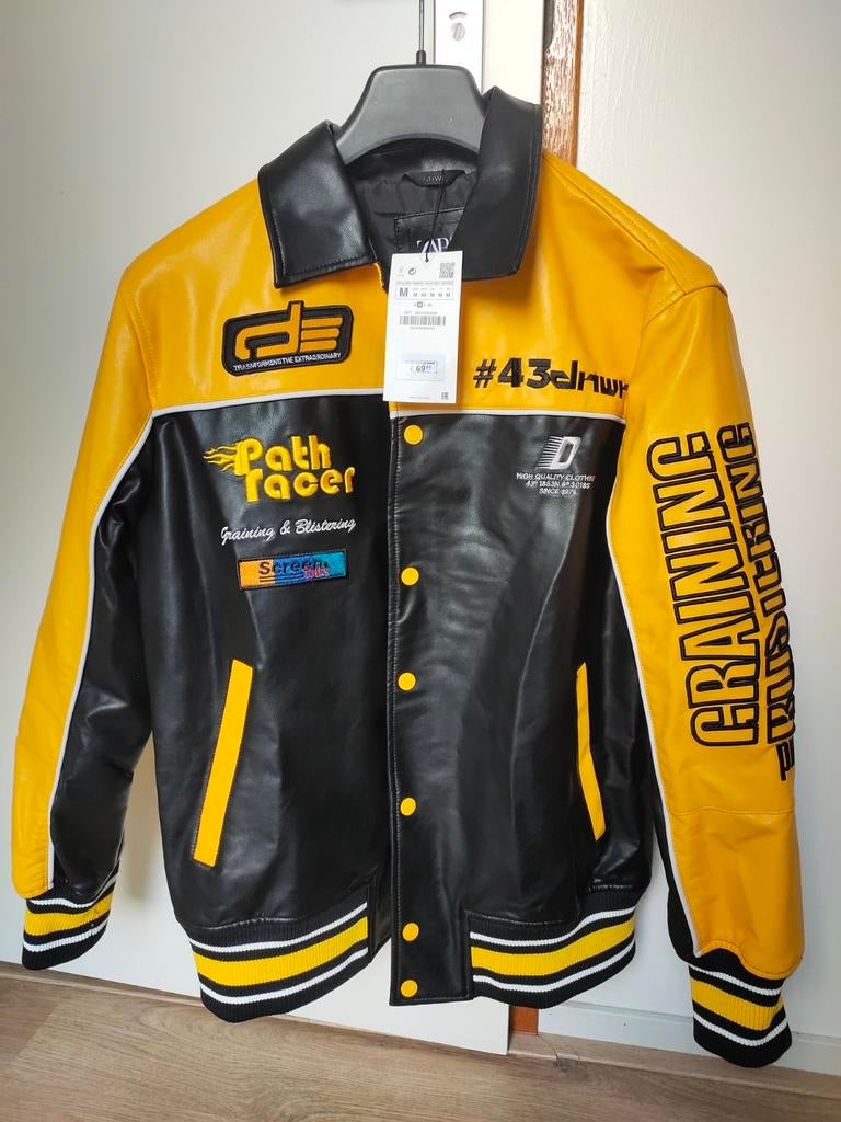 Zara Racing Bomberjack Leer Zwart Geel Maat M, Zara, Maat 48/50 (M), Zwart, Nieuw