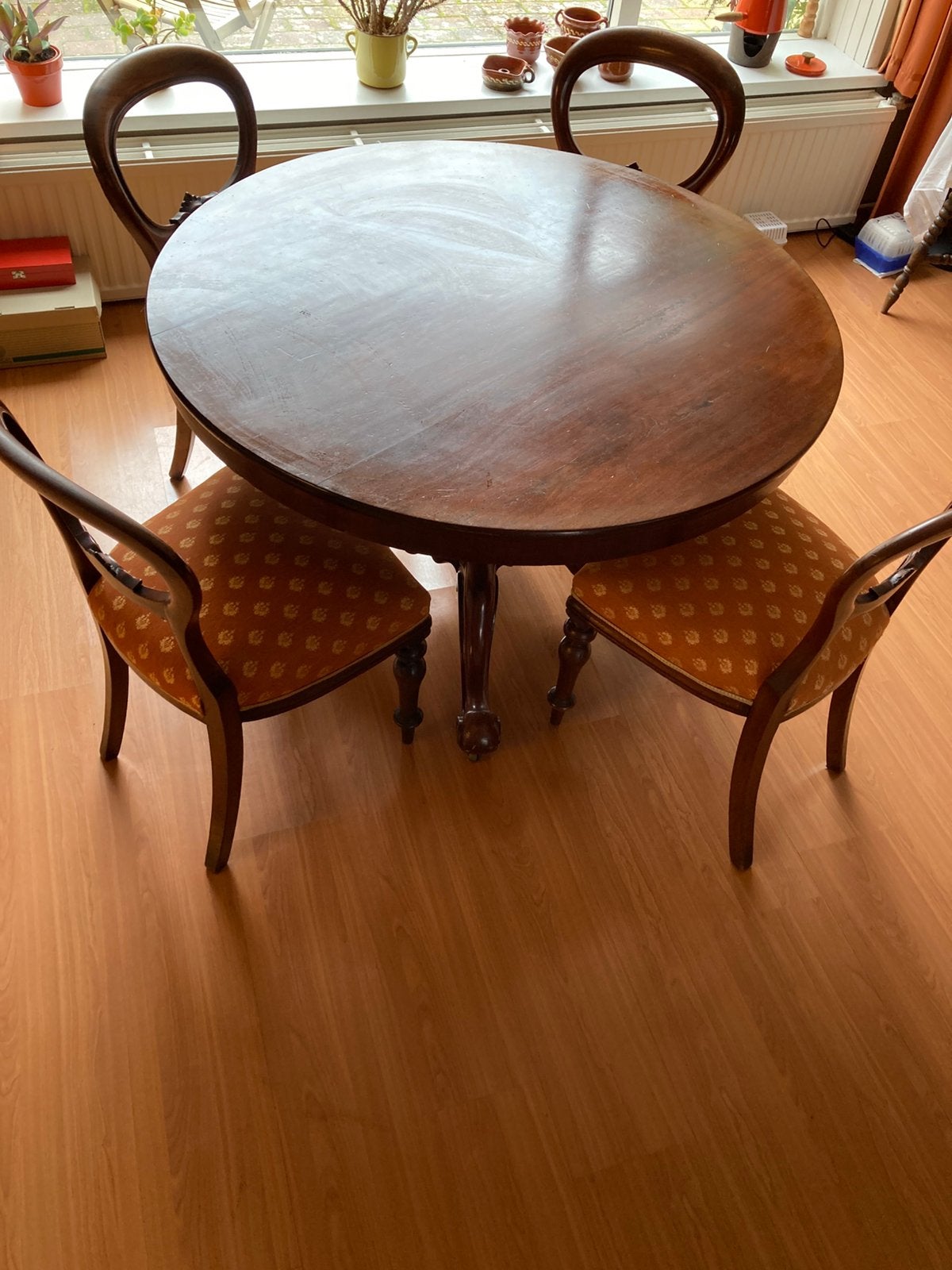Antieke eetkamerset met rinde tafel, Antiek en Kunst, Ophalen