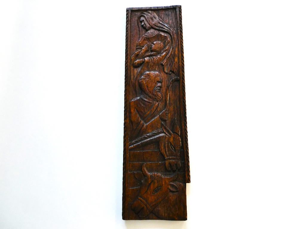 Religieus antiek paneel kerststal Jozef Maria Jezus kerst, Handgemaakt, Hout, Bruin, Houtsnijwerk