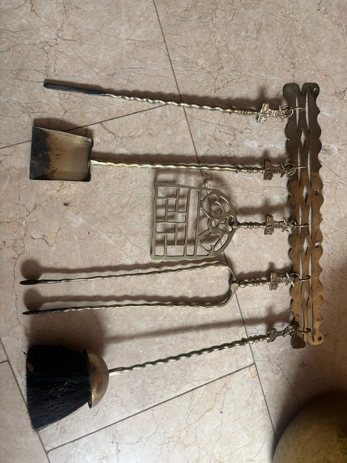 Antieke messing haardset met 5-delig gereedschap, Antiek en Kunst, Ophalen of Verzenden