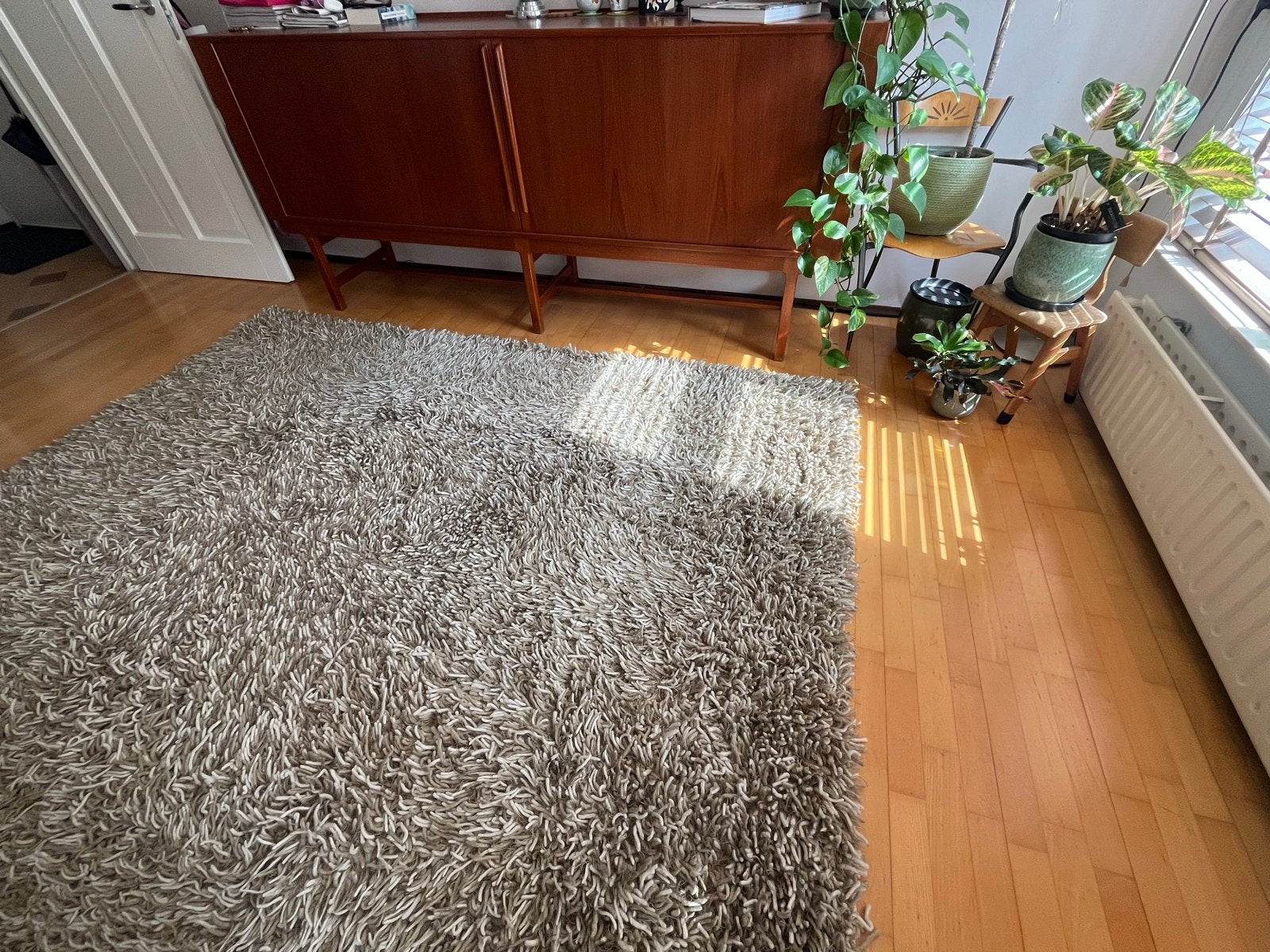 Groot, zacht wollen vloerkleed - grijs/beige, 210x250 cm, Ophalen, Gebruikt, 200 cm of meer, 200 cm of meer