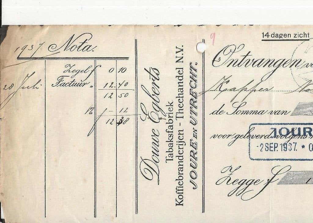 Joure Nota Douwe Egberts Tabak 2 sept 1937, Verzamelen, Ophalen of Verzenden, 1920 tot 1940, Gelopen, Groningen